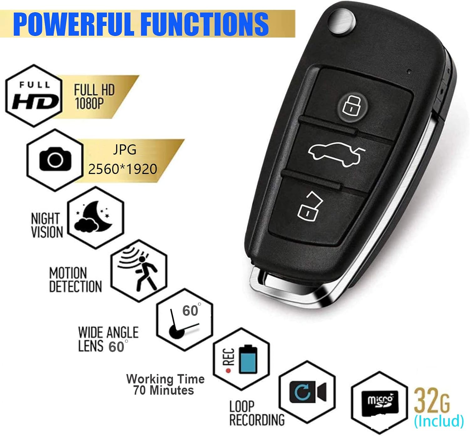 32g Car Key Spy Camera with IR Night Vision Motion Detection HD 1080P Pack of 2 Q774102
