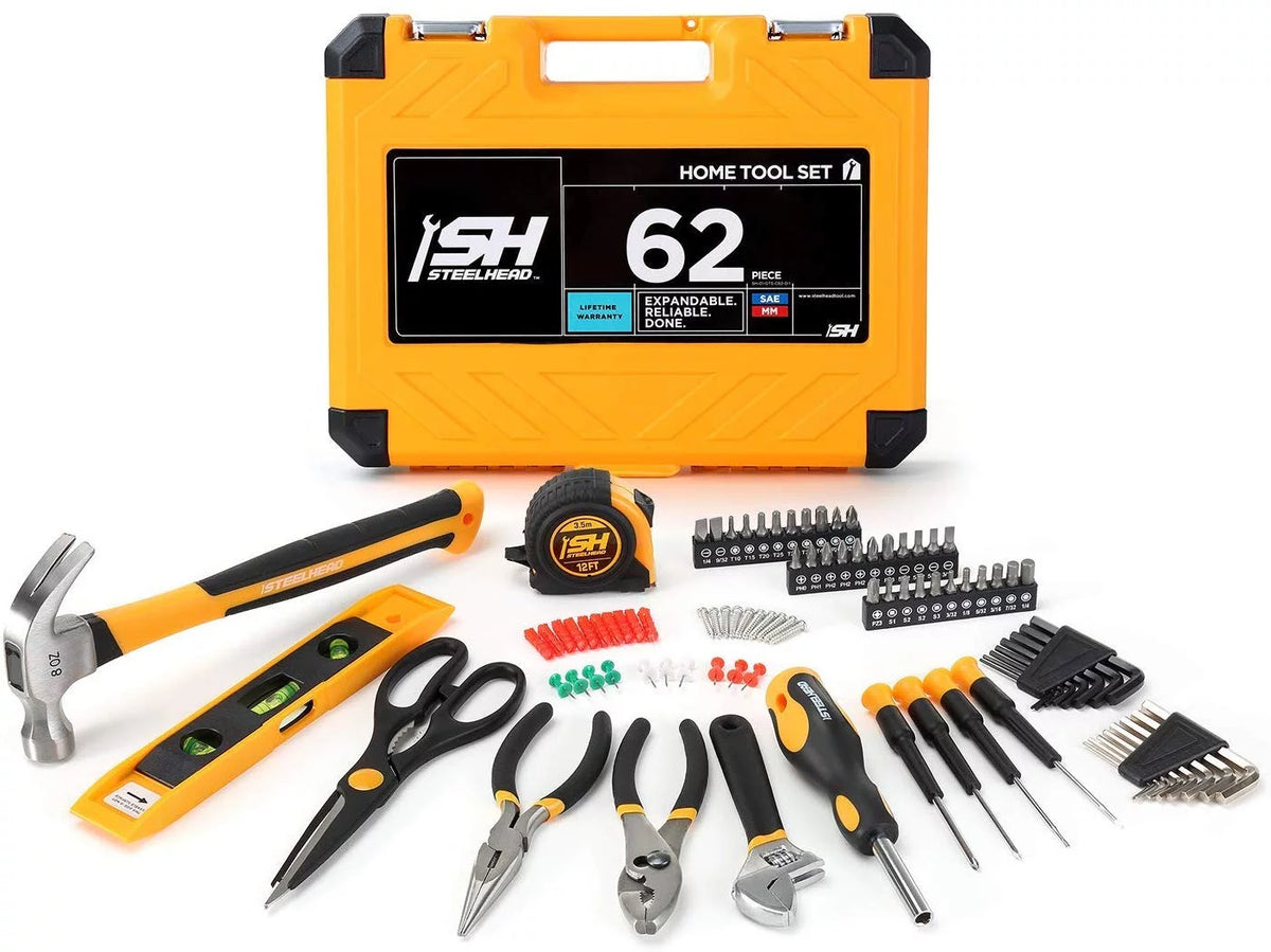 62-Piece Tool Set with Screwdriver Handle, 33 Bits, Pliers, Tape Measure, Torpedo Level, Hammer, Scissors, Wrench, Reinforced Case C429067