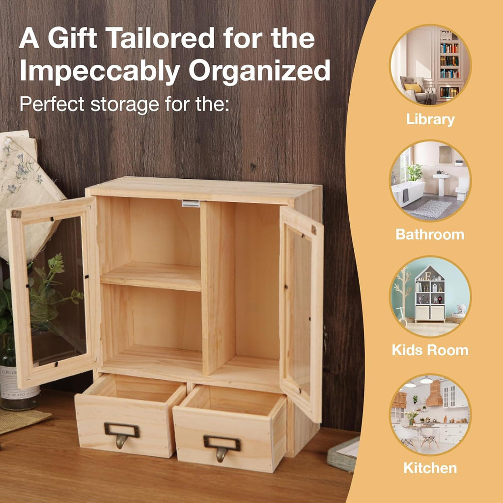 Mini Table Top Storage Cabinet with Clear Glass Doors, 2 Bottom Drawers, Light Wood Grain A117