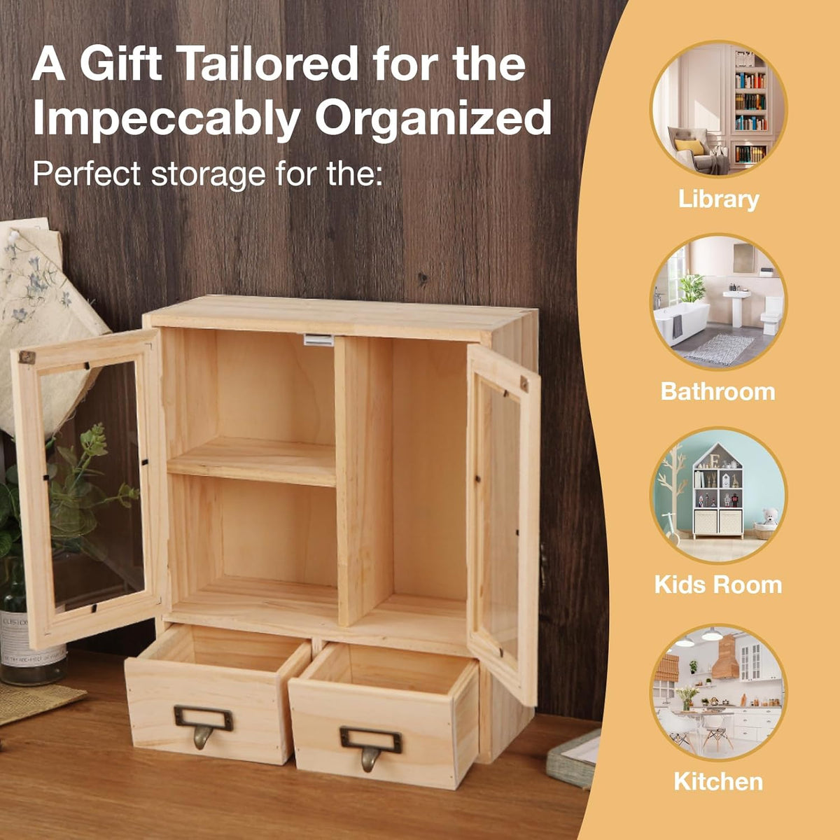 Mini Table Top Storage Cabinet with Clear Glass Doors, 2 Bottom Drawers, Light Wood Grain A117