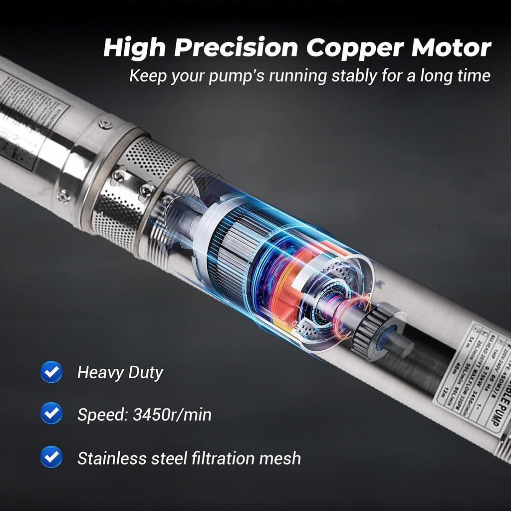 1HP 220V 60HZ 0.75KW Stainless Steel Submersible Well Pump, 1.25" Outlet, 33GPM 207ft Head M9686