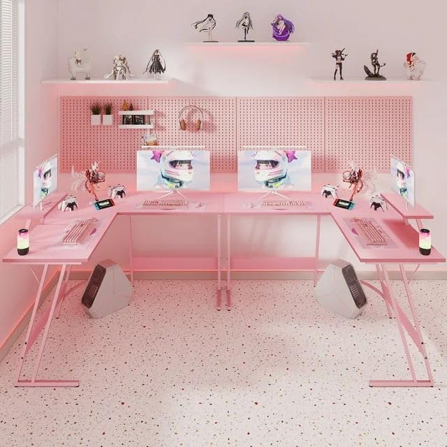 Pink 47 Inch L Shaped Computer Desk with Carbon Fiber Surface P785832