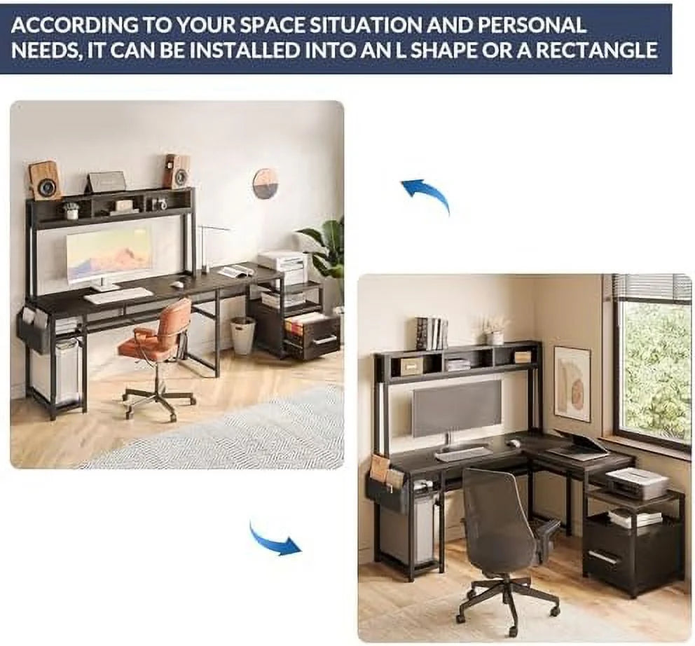 Computer Desk with Monitor Stand and File Cabinet, 104" Long L-Shaped Desk with RGB LED Lights and USB AC Outlet D5700