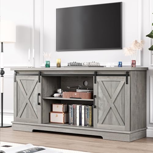 White TV Stand with Storage and Sliding Barn Doors V8217