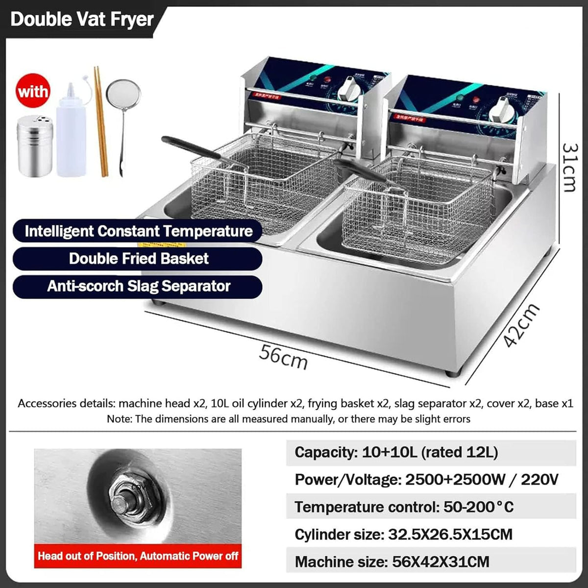 20L Electric Double-Cylinder Stainless Steel Deep Fat Fryer with 2 Fry Basket And Lid T65023