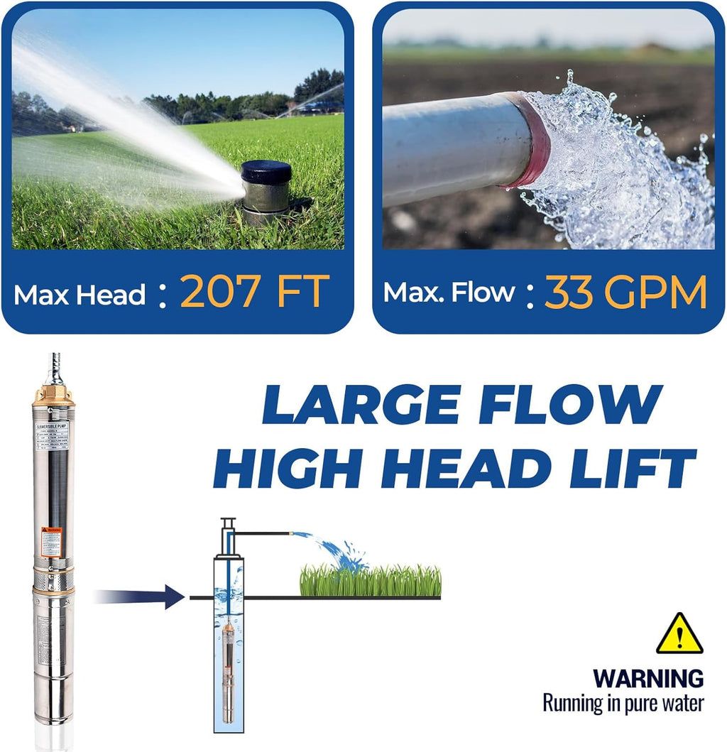 1HP 220V 60HZ 0.75KW Stainless Steel Submersible Well Pump, 1.25" Outlet, 33GPM 207ft Head M9686