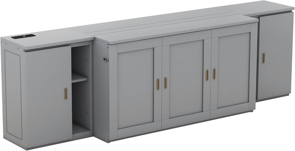 Queen Size Gray Murphy Wall Bed with Shelves and Cabinets D598