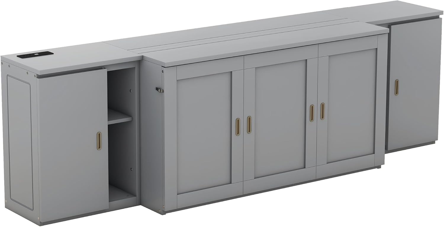 Queen Size Gray Murphy Wall Bed with Shelves and Cabinets D598