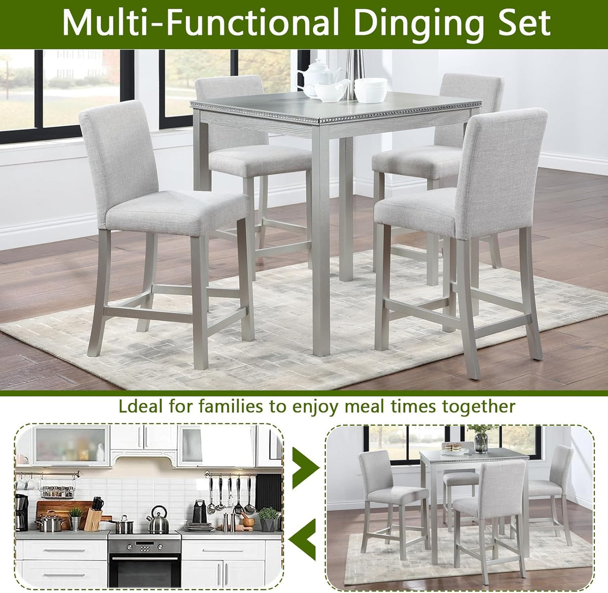 5-Piece Acacia Wood Counter Height Dining Table Set with 4 Upholstered-Seat Chairs J91026