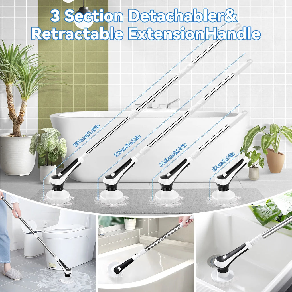 Electric Spin Scrubber with Extension Handle and 6 Replaceable Brush Heads C879