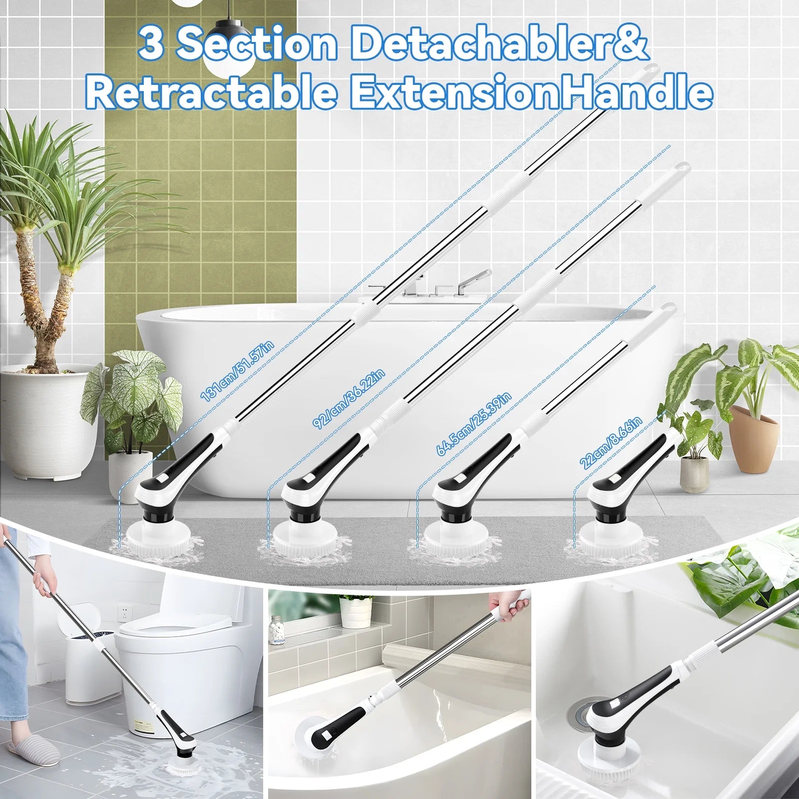 Electric Spin Scrubber with Extension Handle and 6 Replaceable Brush Heads C879