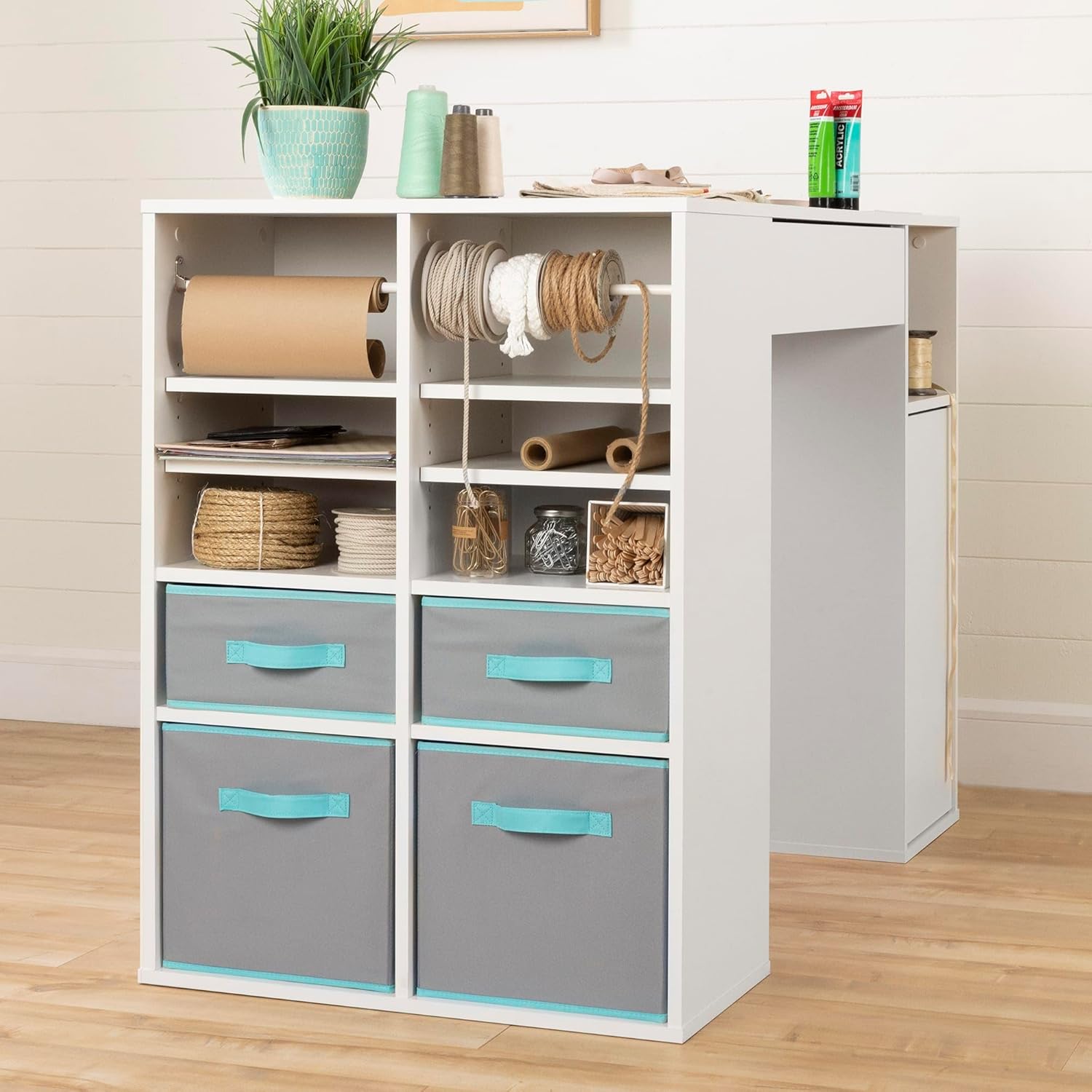 Pure White Counter-Height Craft Table with 4 baskets E428