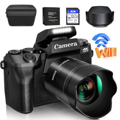 4K 64MP WiFi Touch Screen Digital Camera with Flash, 32GB SD Card, Lens Hood, 3000mAH Battery - Black C8337