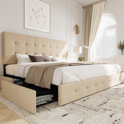 Light Grey Queen Size Platform Bed Frame with 4 Storage Drawers R722