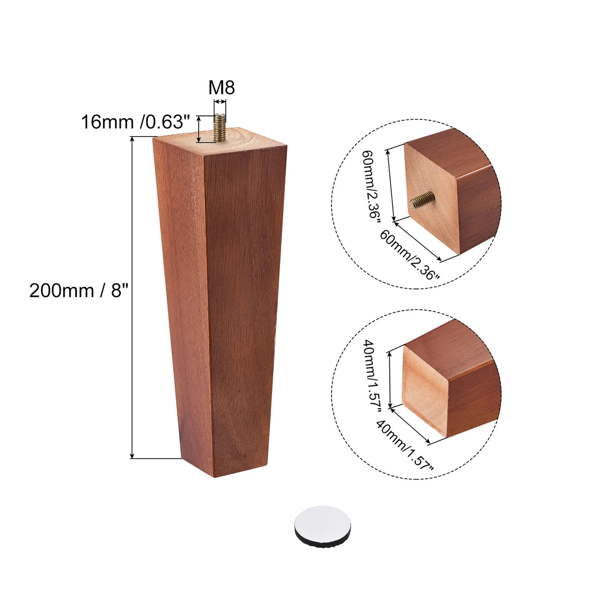 8 Inch Set of 4 Square Solid Wood Couch Legs, Brown R8552