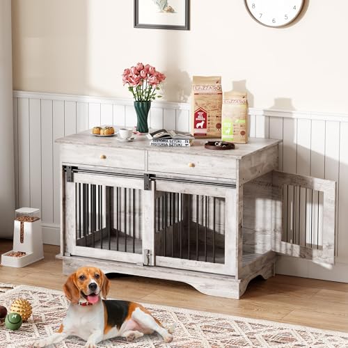 47" Grey Dog Crate Furniture with 2 Storage Draws U140411