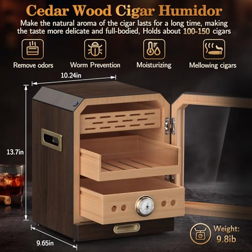 Lighted Magnetic Door Desktop Cigar Humidor Cabinet with Drawer, 3 Layer, Brown K8154