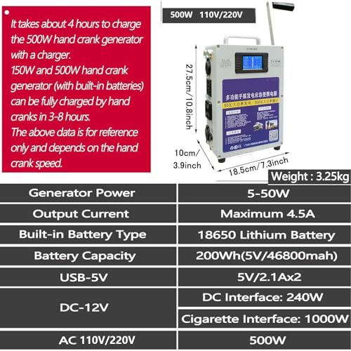 500W Hand Crank Generator with Outlets DC/USB Supply C9324