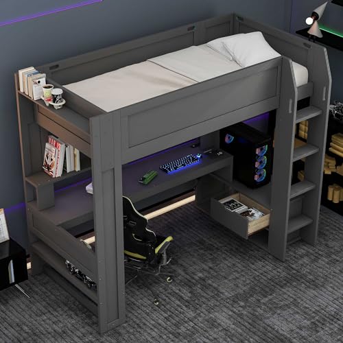 Dark Gray Wood Twin Size Gaming Loft Bed with Desk and Shelves H44301