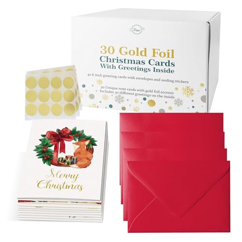 30 Unique Christmas Cards with Envelopes 4x6 and Gold Sealing Stickers Boxed Greeting Cards Set U523867