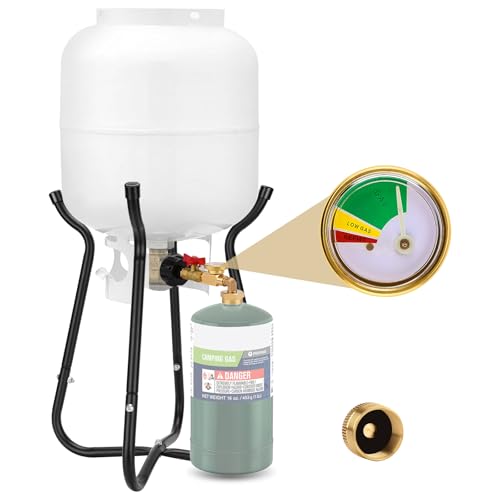 Propane Refill Adapter with Cylinder Refill Stand, QCC1 Adapter 20lb to 1lb Converter with Gauge and On-Off Control Valve W64473
