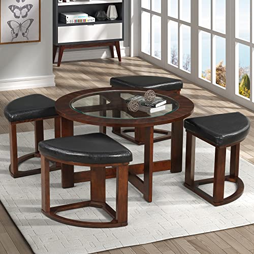 Solid Wood Glass Top Round Coffee Table with 4 Stools E867633