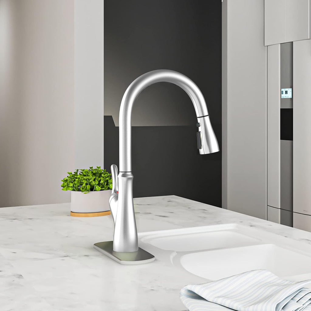 Brushed Nickel Kitchen Faucet with Pull Down Sprayer, Single Handle High Arc Stainless Steel Sink Faucet W74531