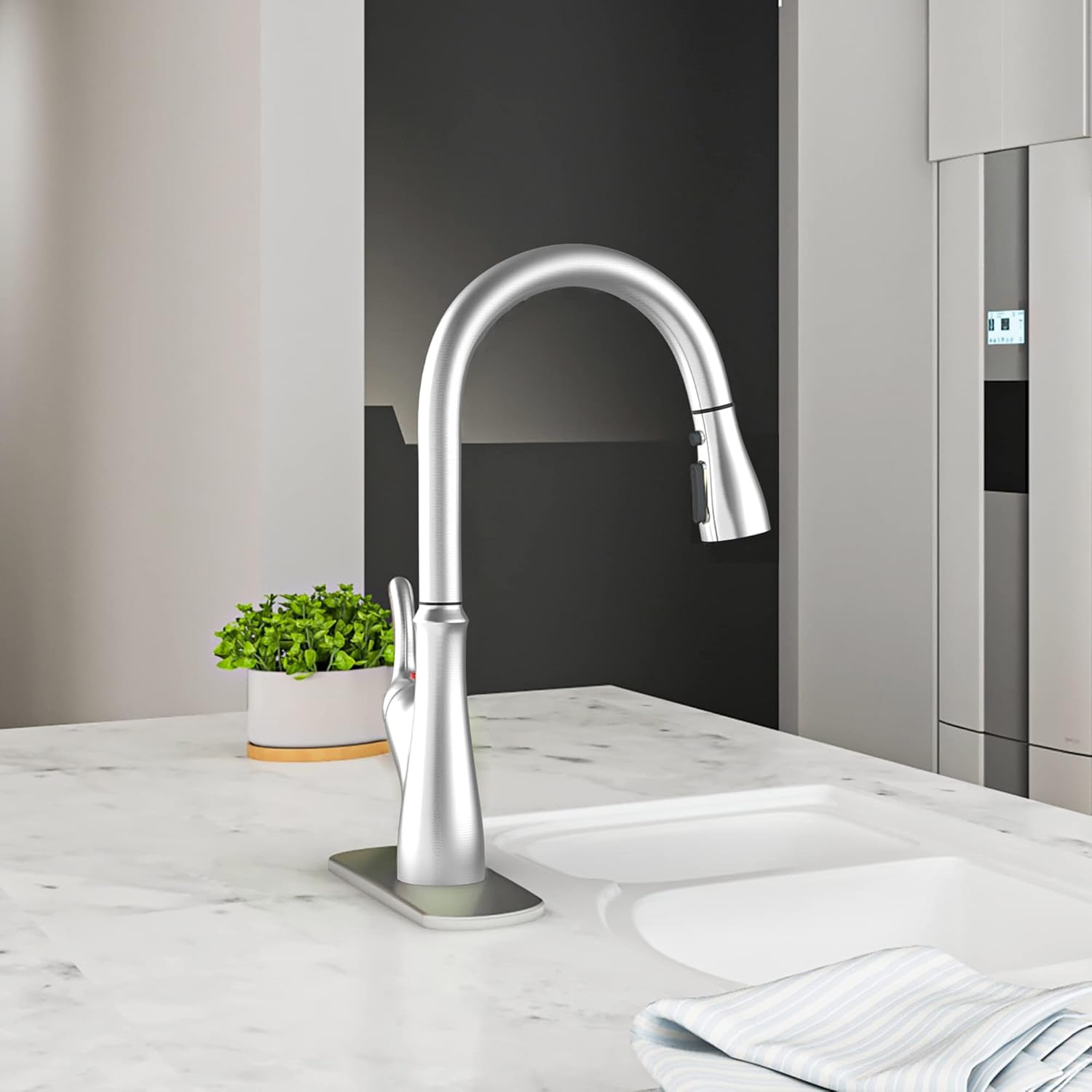 Brushed Nickel Kitchen Faucet with Pull Down Sprayer, Single Handle High Arc Stainless Steel Sink Faucet W74531