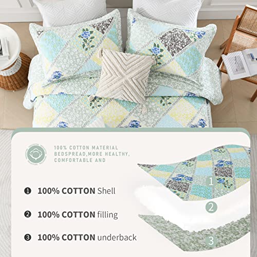 Blue Grey 100% Cotton Queen Size 3-Pieces Quilt Bedding Set O789500