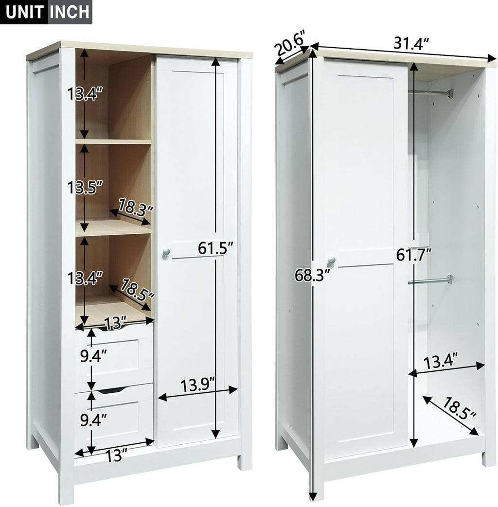 White Wooden Wardrobe Closet with 2 Drawers and Sliding Door Z672102