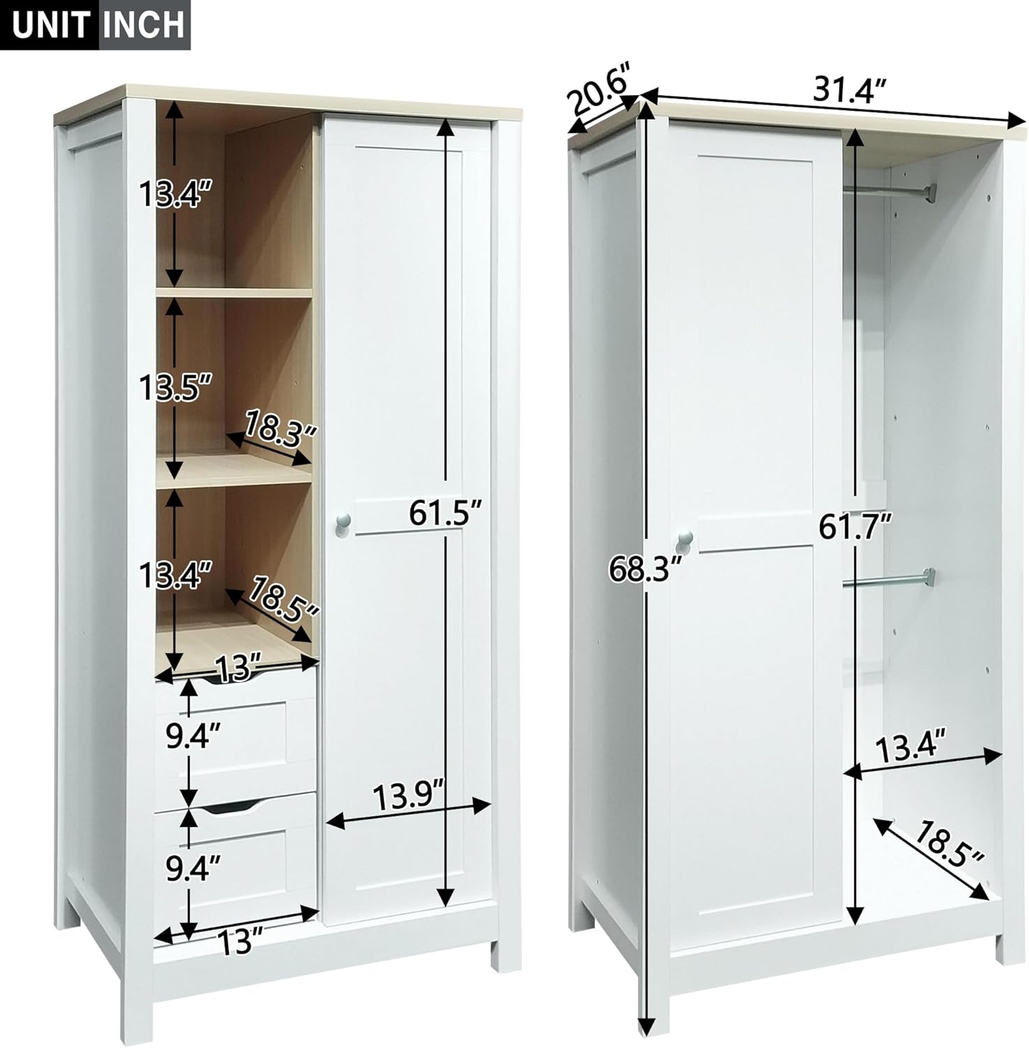 White Wooden Wardrobe Closet with 2 Drawers and Sliding Door Z672102