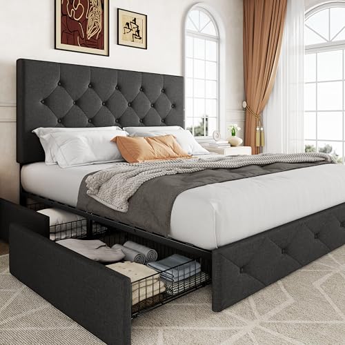 Light Grey Queen Size Platform Bed Frame with 4 Storage Drawers R722