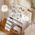 White Vanity Desk with Mirror, Lights, and Drawers with Cushioned Stool S2103