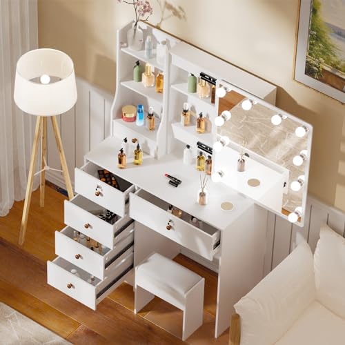 White Vanity Desk with Mirror, Lights, and Drawers with Cushioned Stool S2103