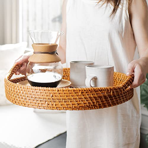 Round Wicker Rattan Tray 18 inches Hand Woven Natural Serving Tray with Handles F373602