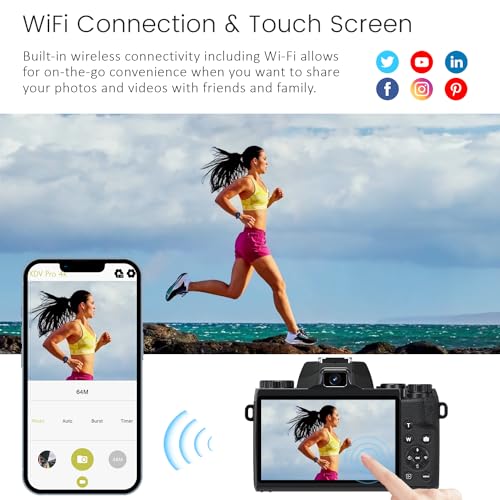 4K 64MP WiFi Touch Screen Digital Camera with Flash, 32GB SD Card, Lens Hood, 3000mAH Battery - Black C8337
