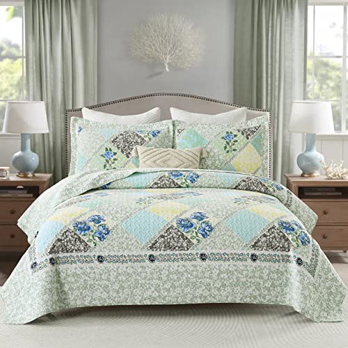Blue Grey 100% Cotton Queen Size 3-Pieces Quilt Bedding Set O789500