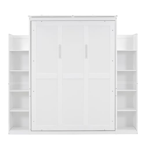 White Full Size Wood Murphy Bed with Shelves and Led Lights U697