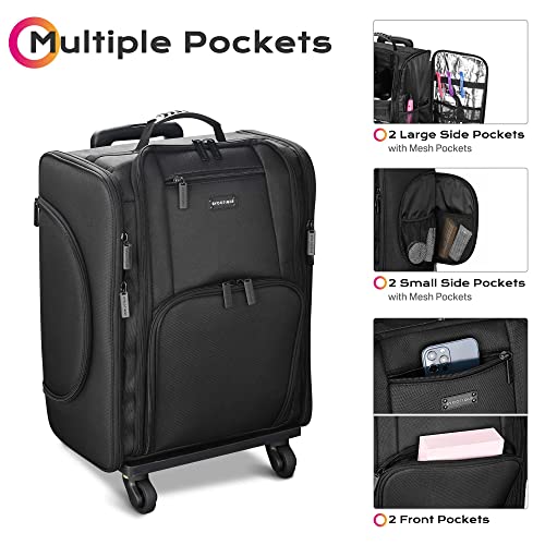 Black Rolling Makeup Train Case Soft Sided Cosmetic Storage Organizer Carry on Travel with Removable Side Pocket Bag A7412