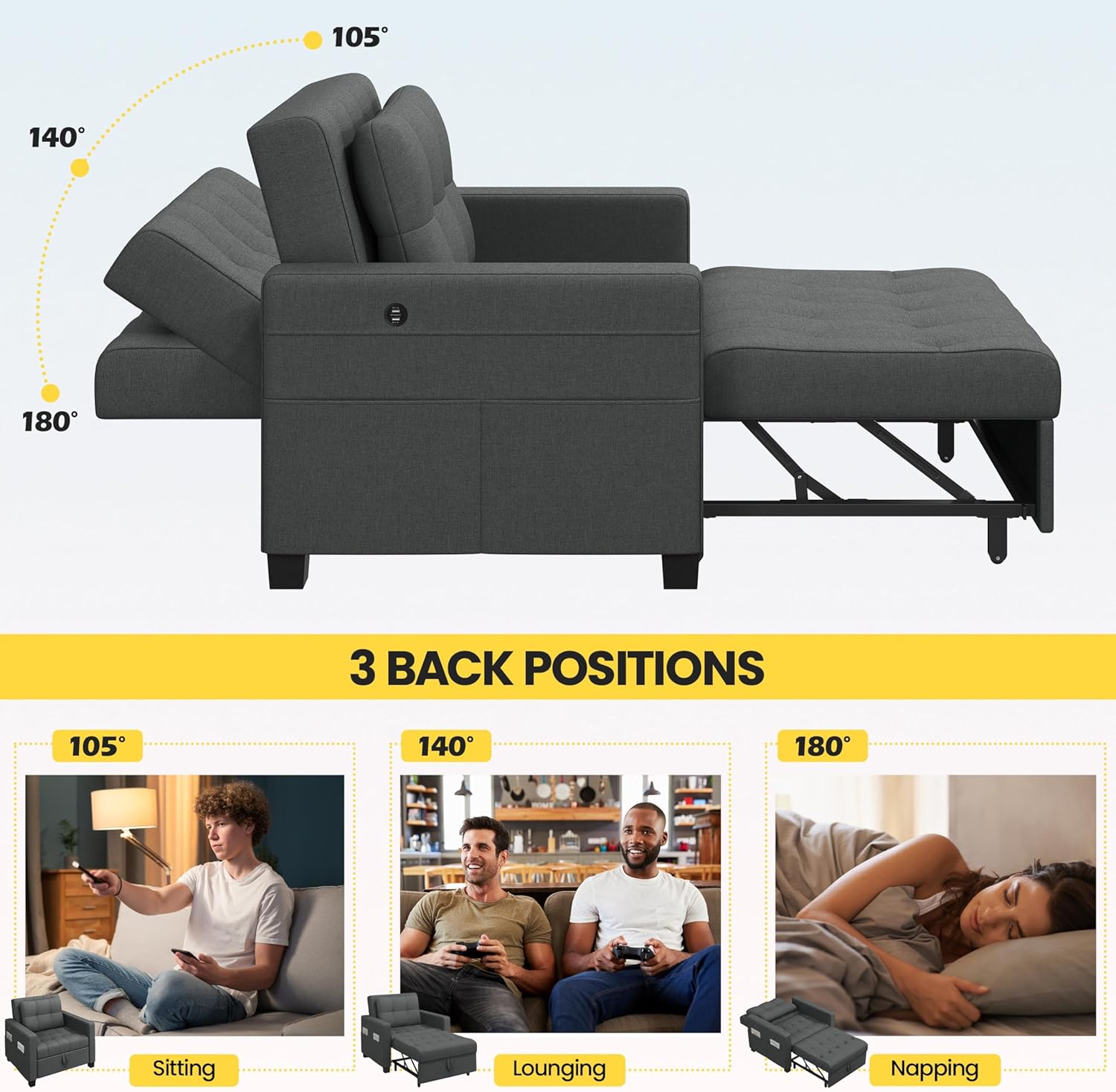 Dark Gray Fabric Convertible Futon Sofa Chair T527300