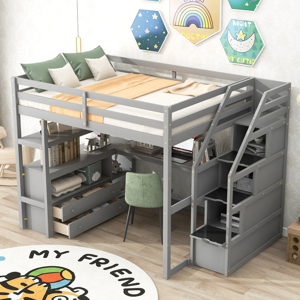 Full Wood Loft Bed with Desk, Storage Stairs, Two Drawers C833