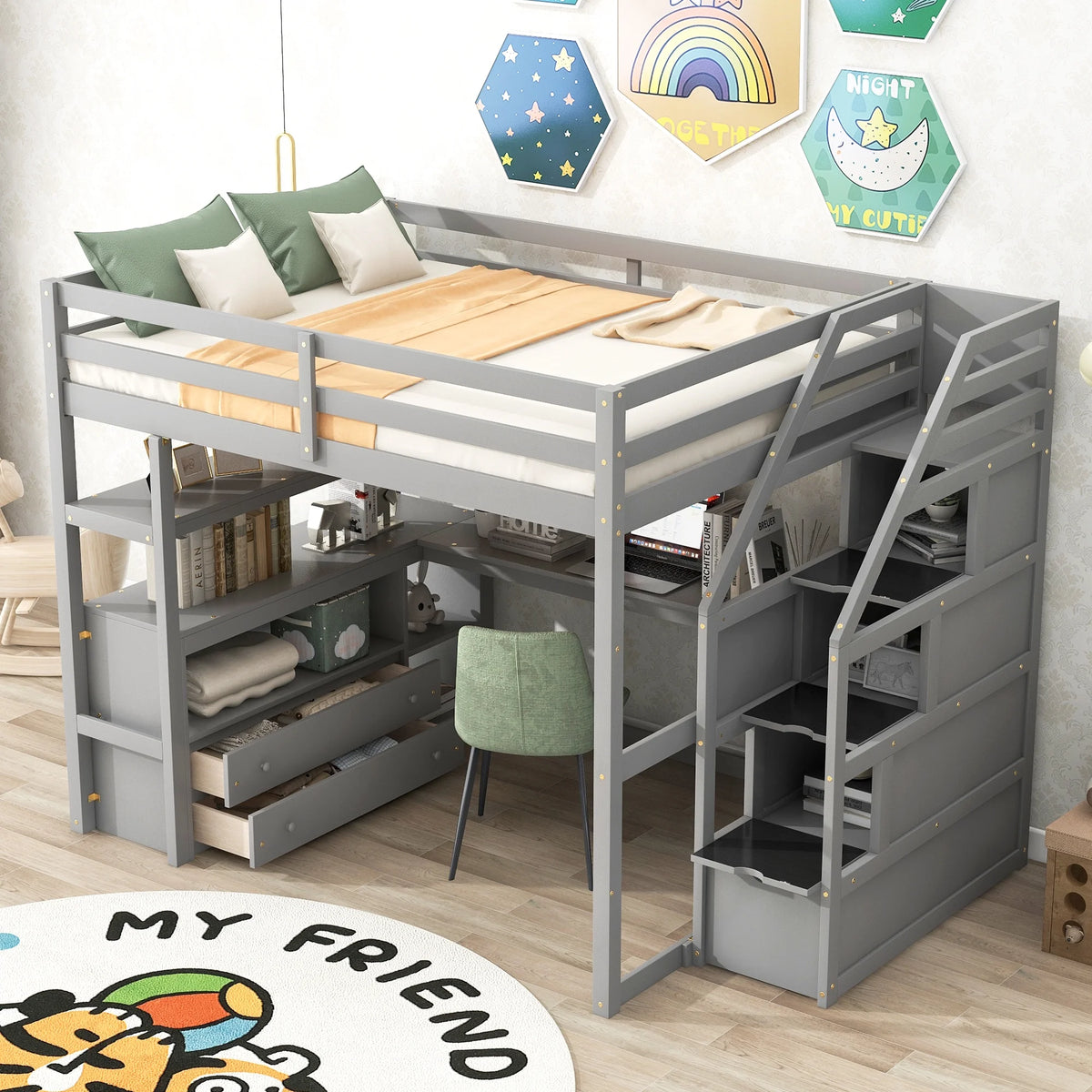 Full Wood Loft Bed with Desk, Storage Stairs, Two Drawers C833