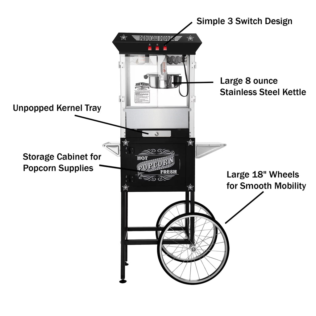 Black Antique Style 8oz Popcorn Popper Machine with Cart I5799