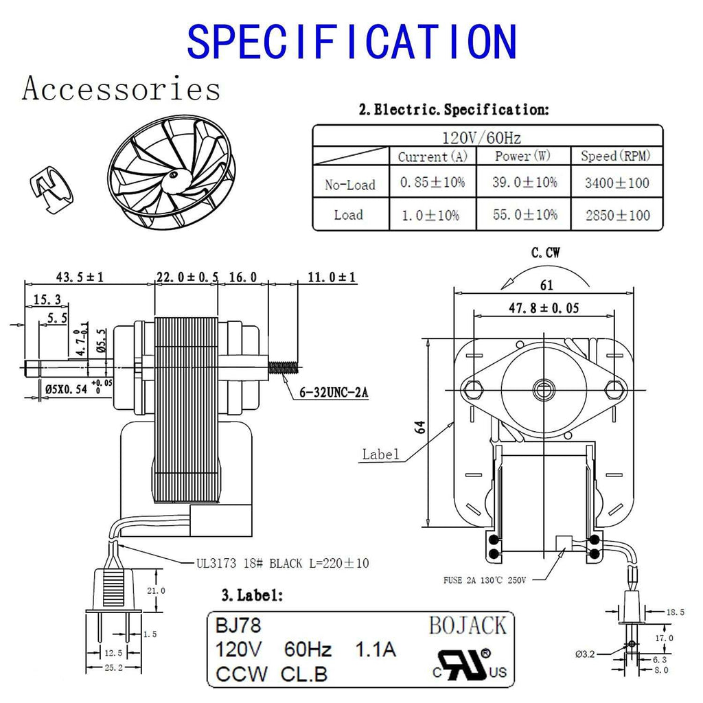 70cfm 120v 60hz 1.1A Bathroom Vent Fan Motor D412