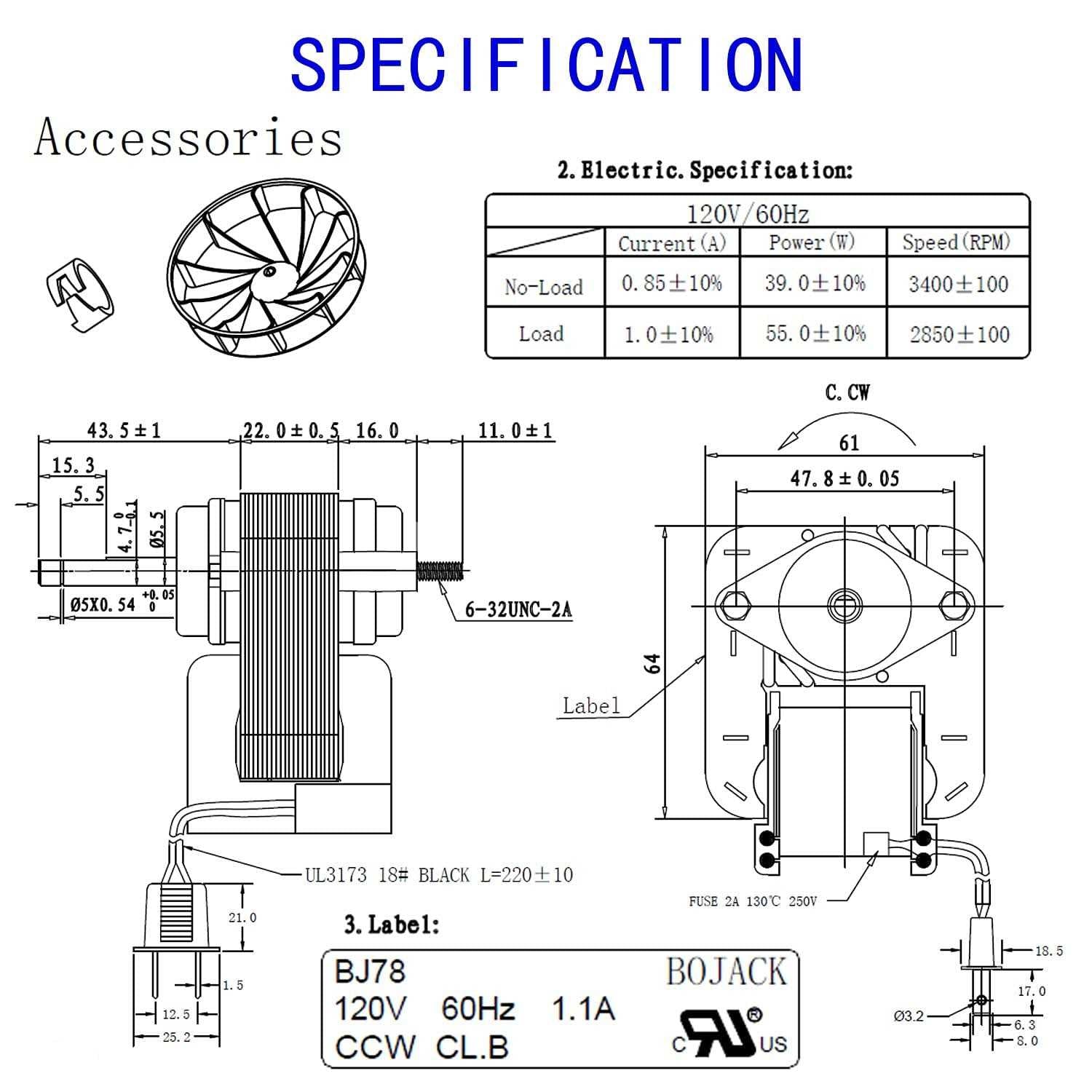 70cfm 120v 60hz 1.1A Bathroom Vent Fan Motor D412