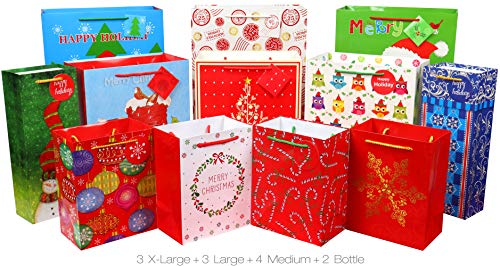 4 Extra Large 4 Large 4 Medium Christmas Print Gift Bags with Handles U763750
