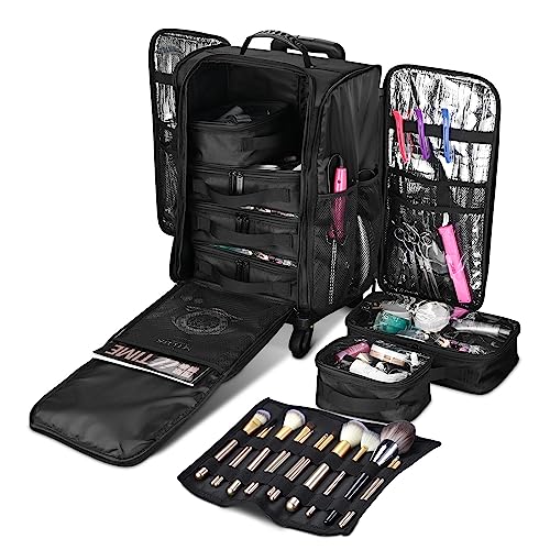 Black Rolling Makeup Train Case Soft Sided Cosmetic Storage Organizer Carry on Travel with Removable Side Pocket Bag A7412