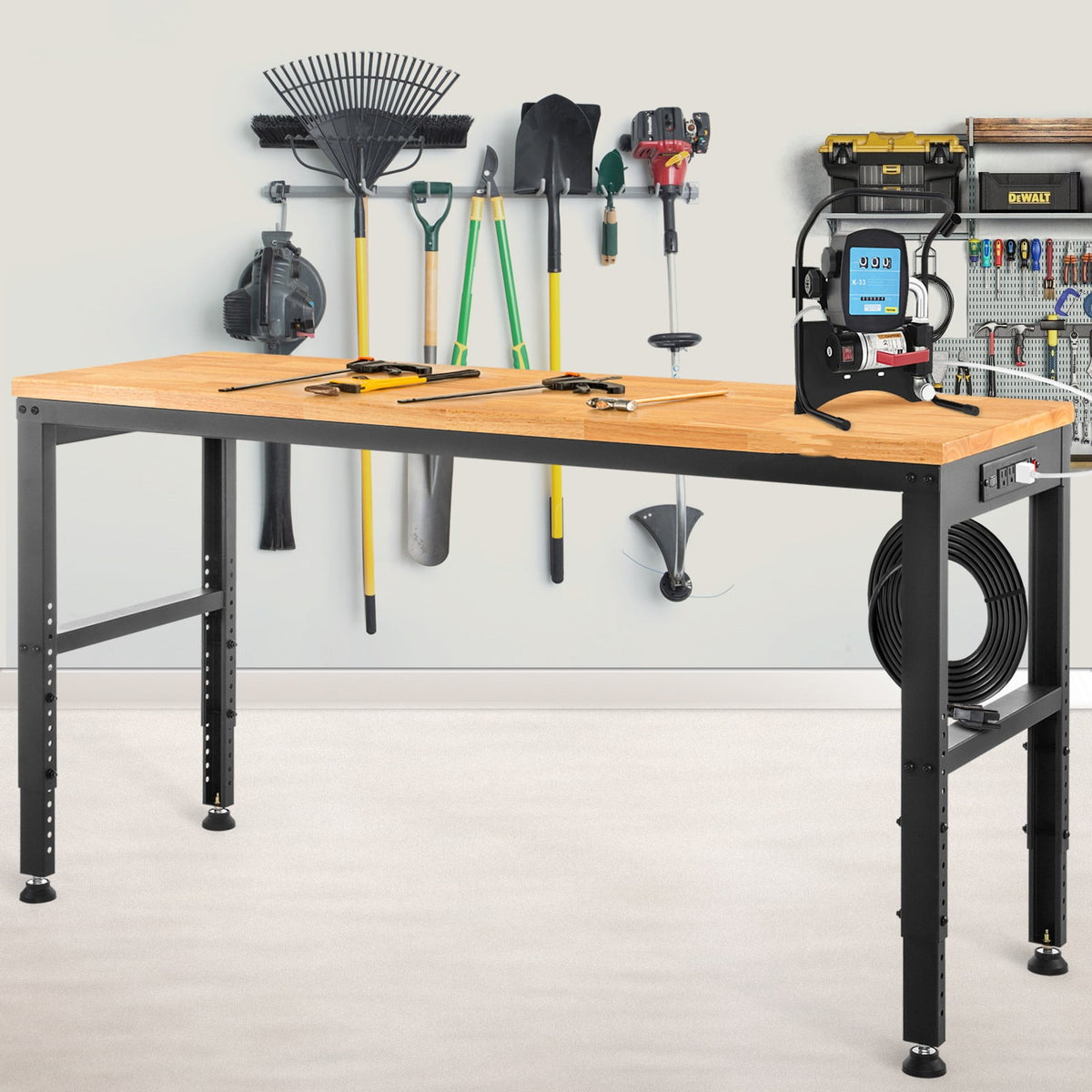Adjustable Height Workbench with Power Outlets and Hardwood Top F128