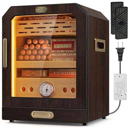 Lighted Magnetic Door Desktop Cigar Humidor Cabinet with Drawer, 3 Layer, Brown K8154