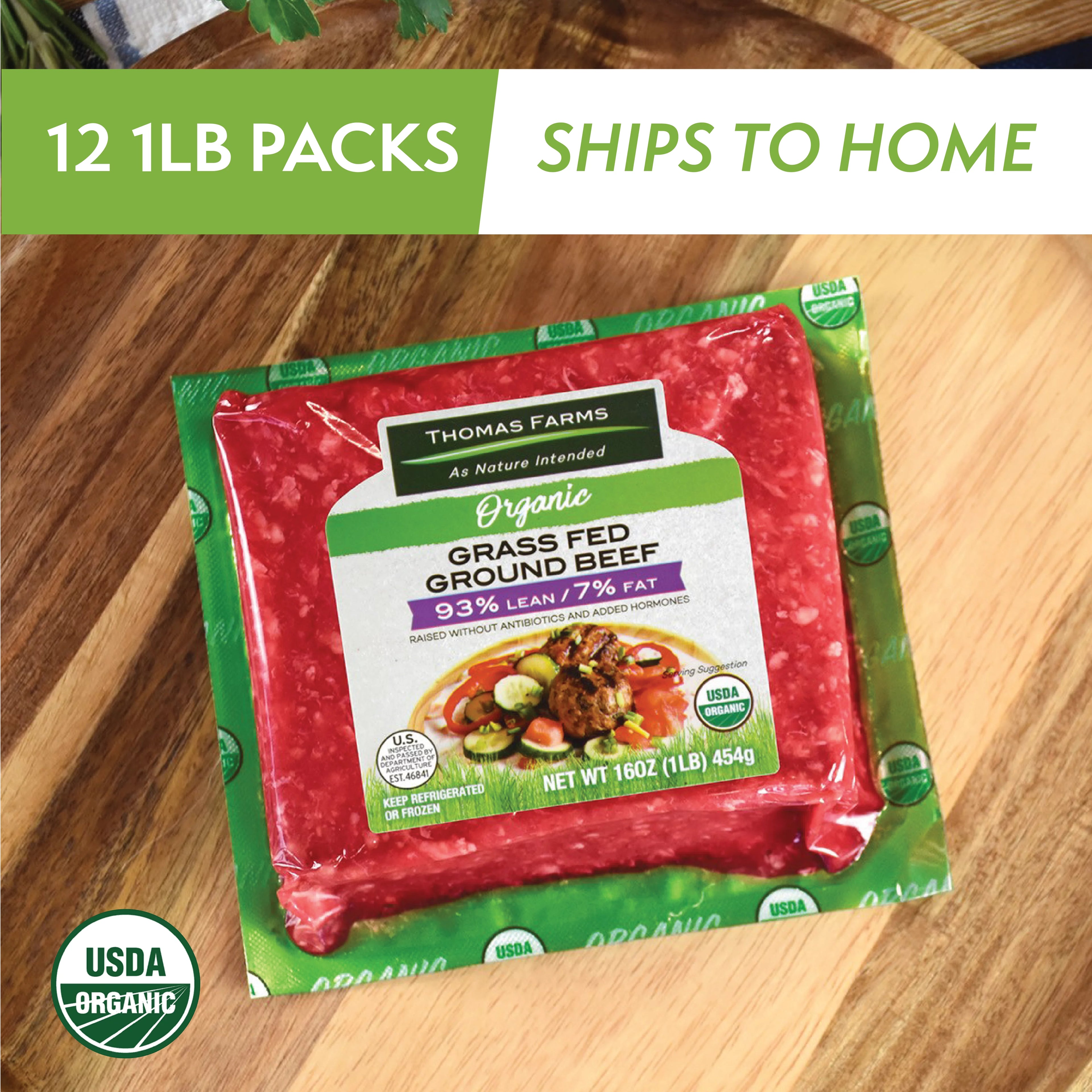 Organic Grass Fed 93/7 Ground Beef, Twelve 1 lb Packages K473
